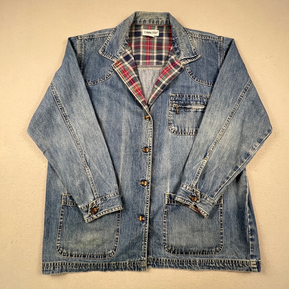 VTG Style Cabin Creek Denim Chore Jacket Womens XL Blue Plaid Lined Barn Coat